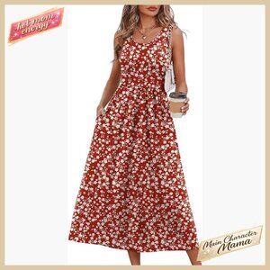 Flowy Midi Dress A-Line Scoop Neck Sleeveless Summer Casual Boho Chic